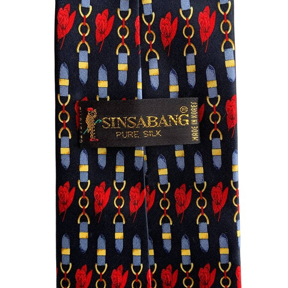 Sinsabang Pure Silk Chain/Floral Print Tie, Made in Korea - Picture 4 of 5